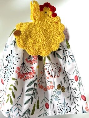 Handmade Crochet Chicken Tea Towel Topper & Floral Linen Set